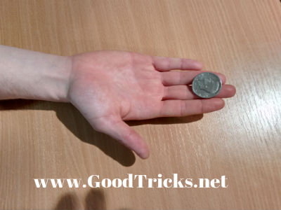 Coin is seen being balanced near the finger tips.