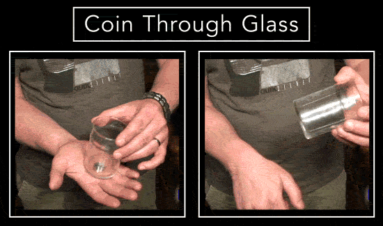A coin appears to be impossibly moving through a solid glass during a coin trick.