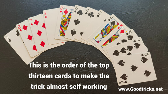 Playing cards placed in correct order to do a magic trick.