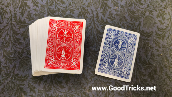 Red and blue Bicycle brand playing cards.