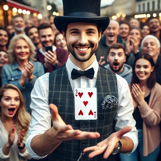 Street magician entertaining a crowd. This is classic magic.